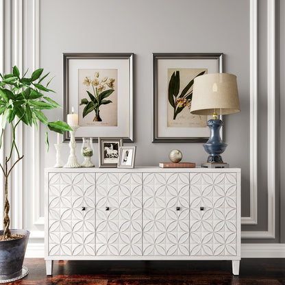 White Washed Wood Sideboard Buffet Cabinet - 4 Door Storage