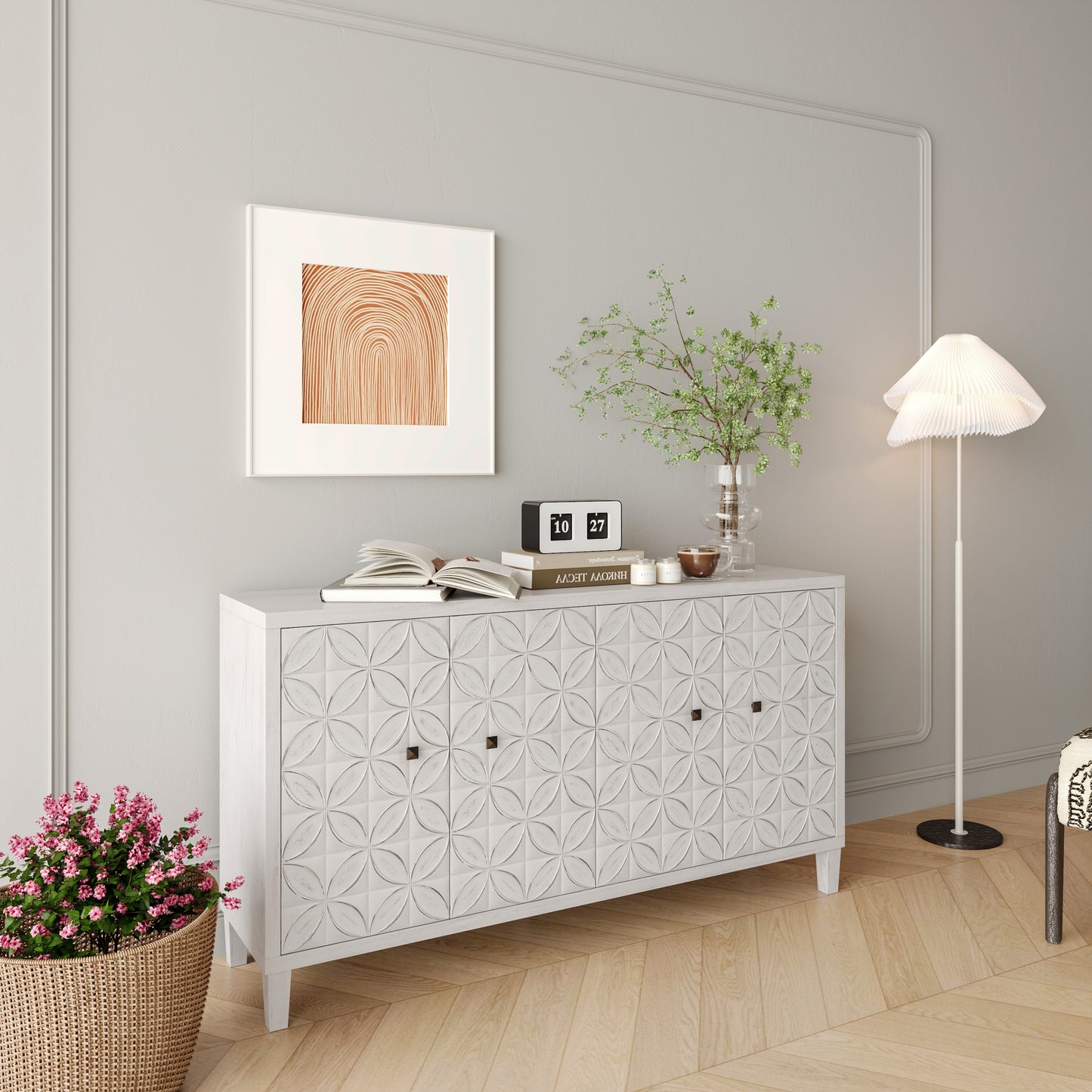White Washed Wood Sideboard Buffet Cabinet - 4 Door Storage