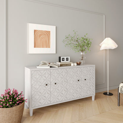 White Washed Wood Sideboard Buffet Cabinet - 4 Door Storage