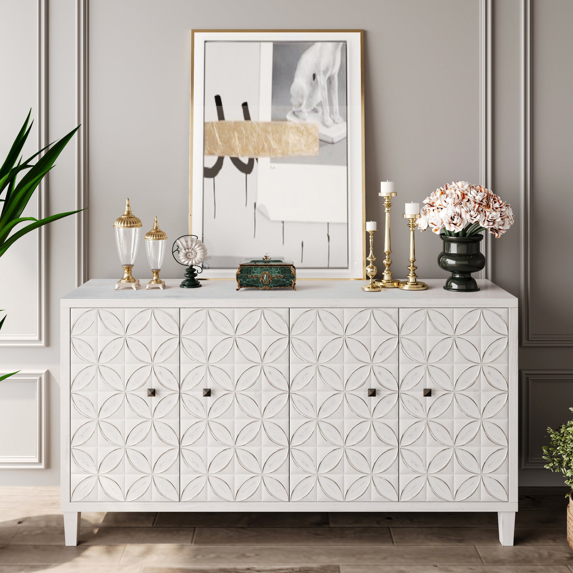 White Washed Wood Sideboard Buffet Cabinet - 4 Door Storage