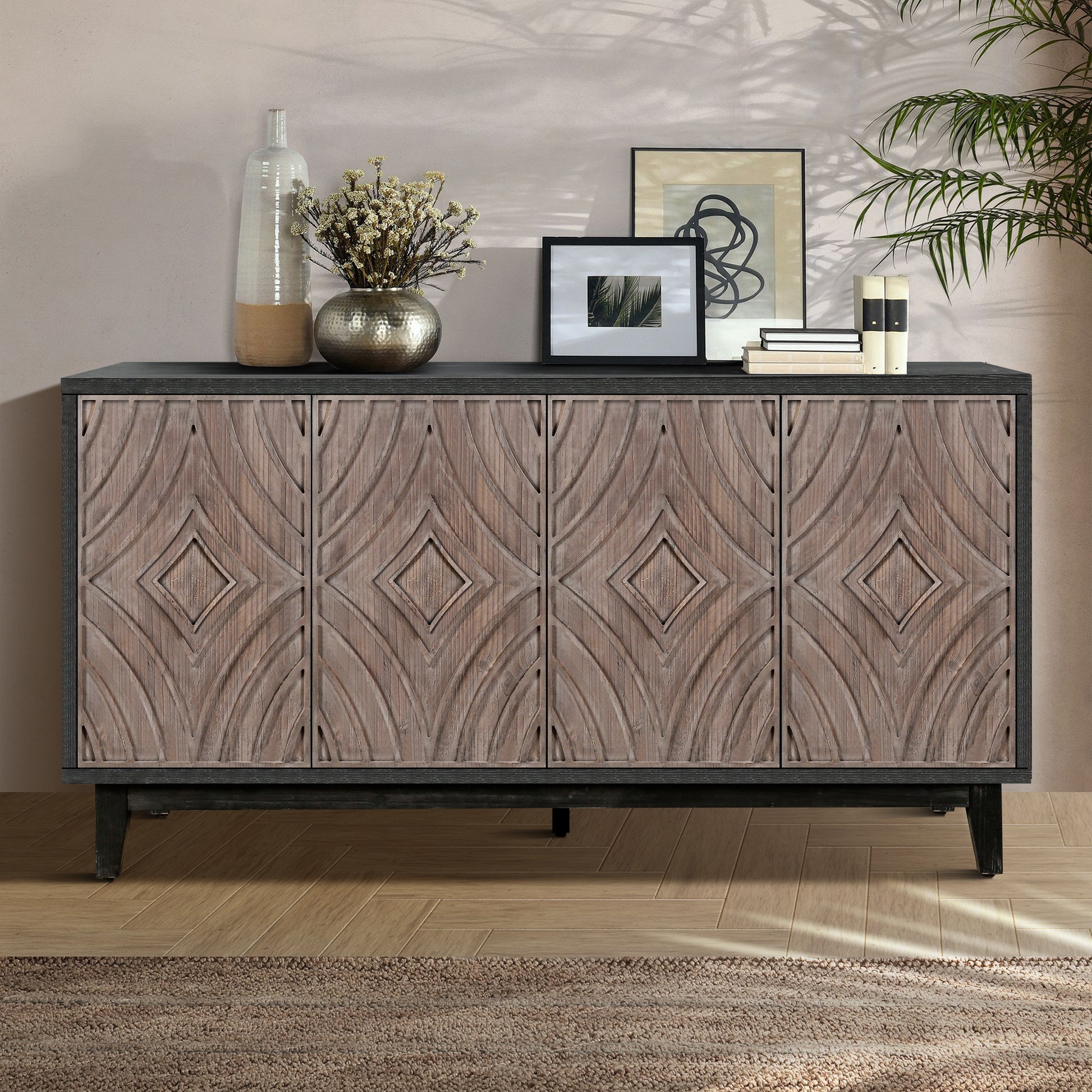 Antique Brown Buffet Cabinet - 60" Storage Sideboard for Living Room