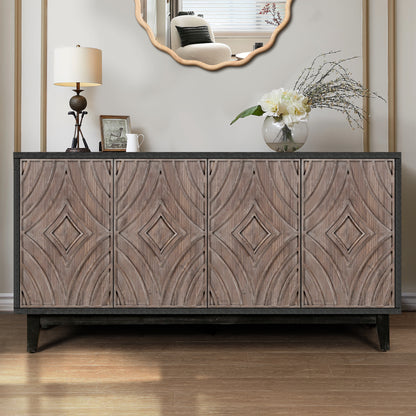 Mid Century Sideboard Buffet Cabinet with Solid Wood Legs 60" Kitchen Storage Cabinet Credenza with 4 Convex pattern diamond Doors and 2 Shelves Accent Console Table for Living Room  Entrance Hall etc