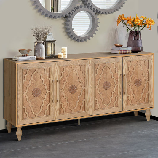 Carved Flower Door Large Storage Cabinet With Metal Handle Suitable For Living Room, Kitchen, Entryway(NATURAL WOOD)