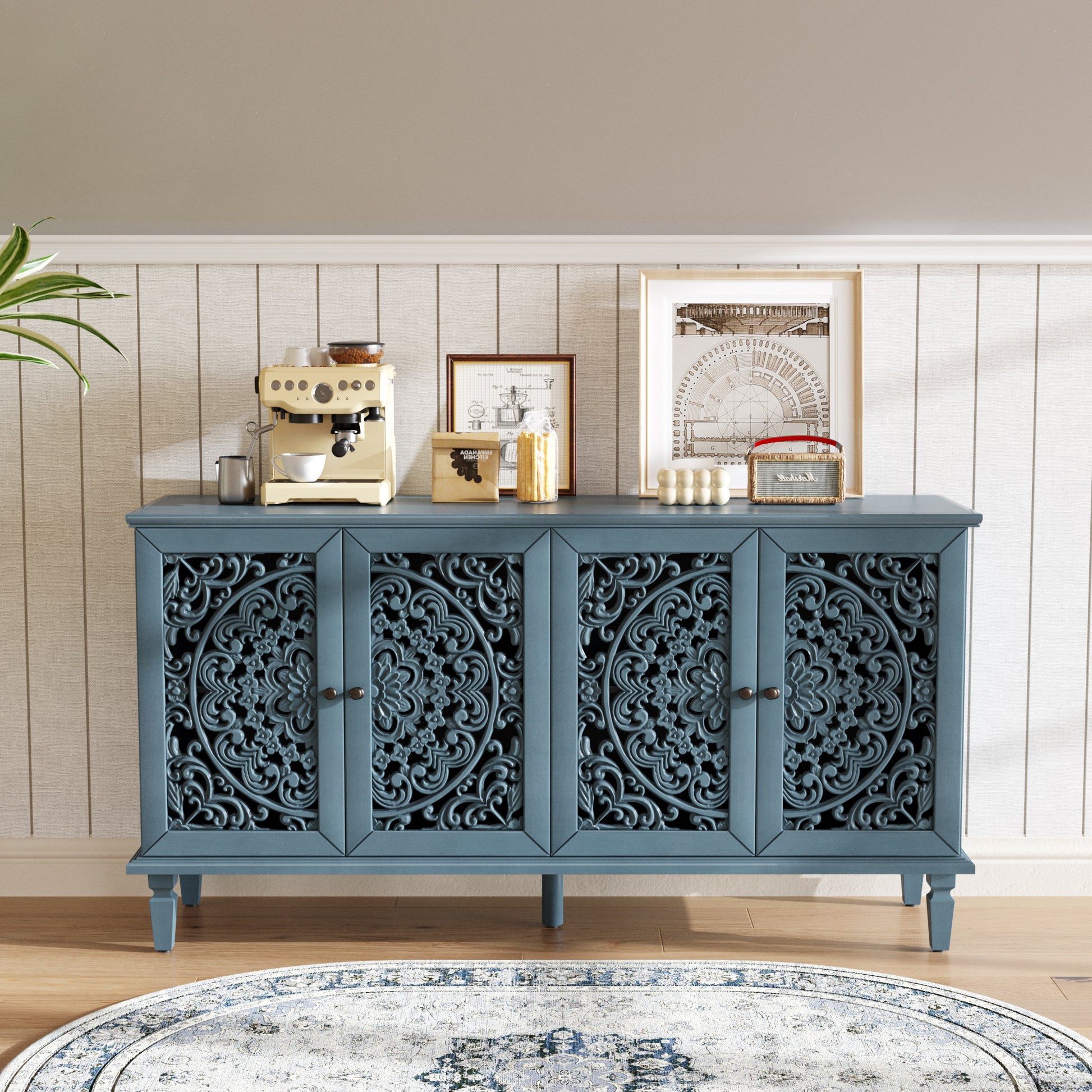 Antique Blue Buffet Cabinet - 65" TV Stand Storage