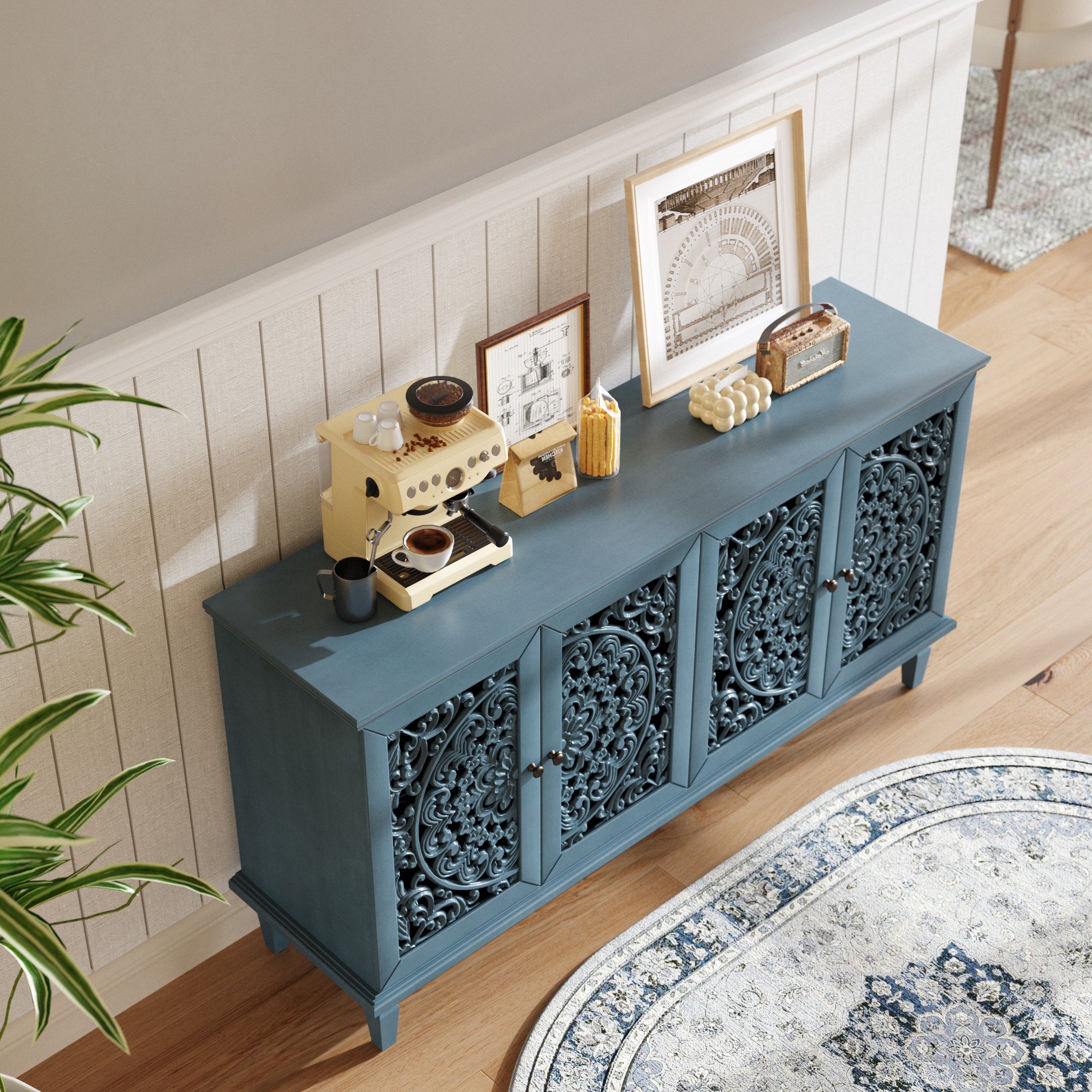 Antique Blue Buffet Cabinet - 65" TV Stand Storage