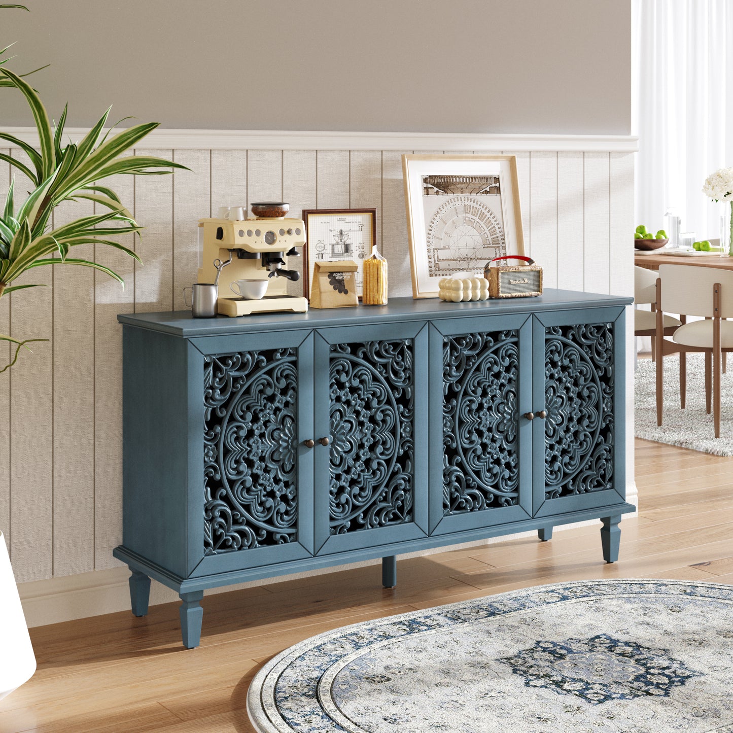 Antique Blue Buffet Cabinet - 65" TV Stand Storage
