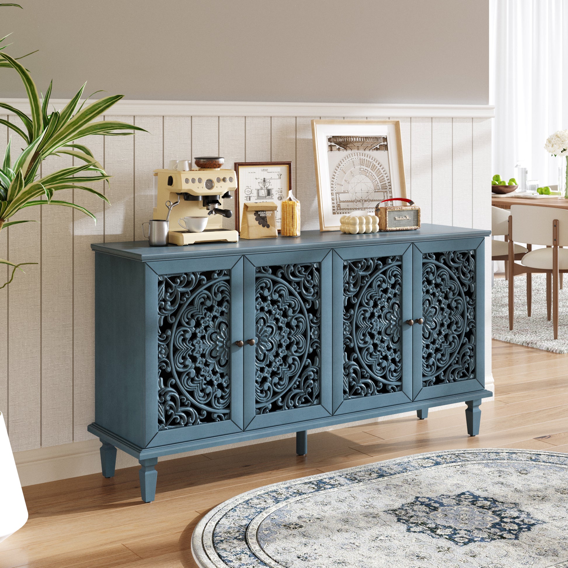 Antique Blue Buffet Cabinet - 65" TV Stand Storage