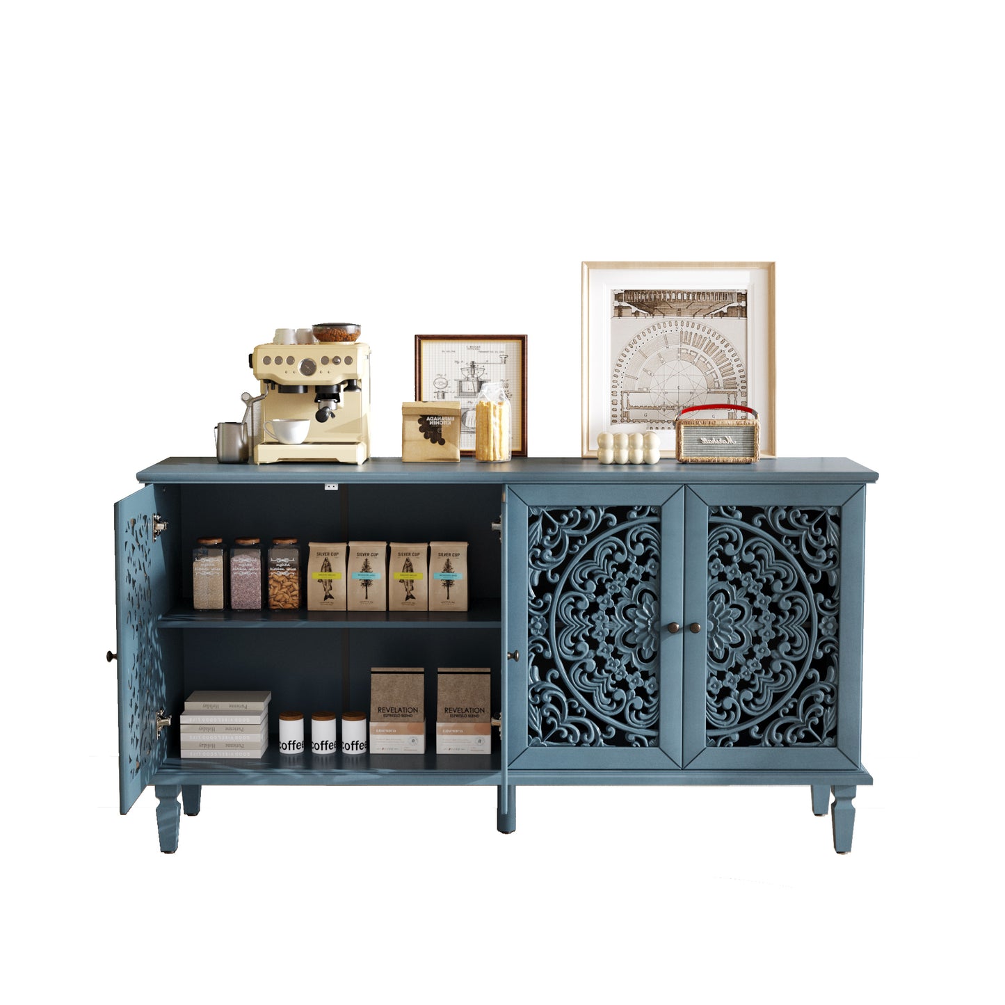 Antique Blue Buffet Cabinet - 65" TV Stand Storage