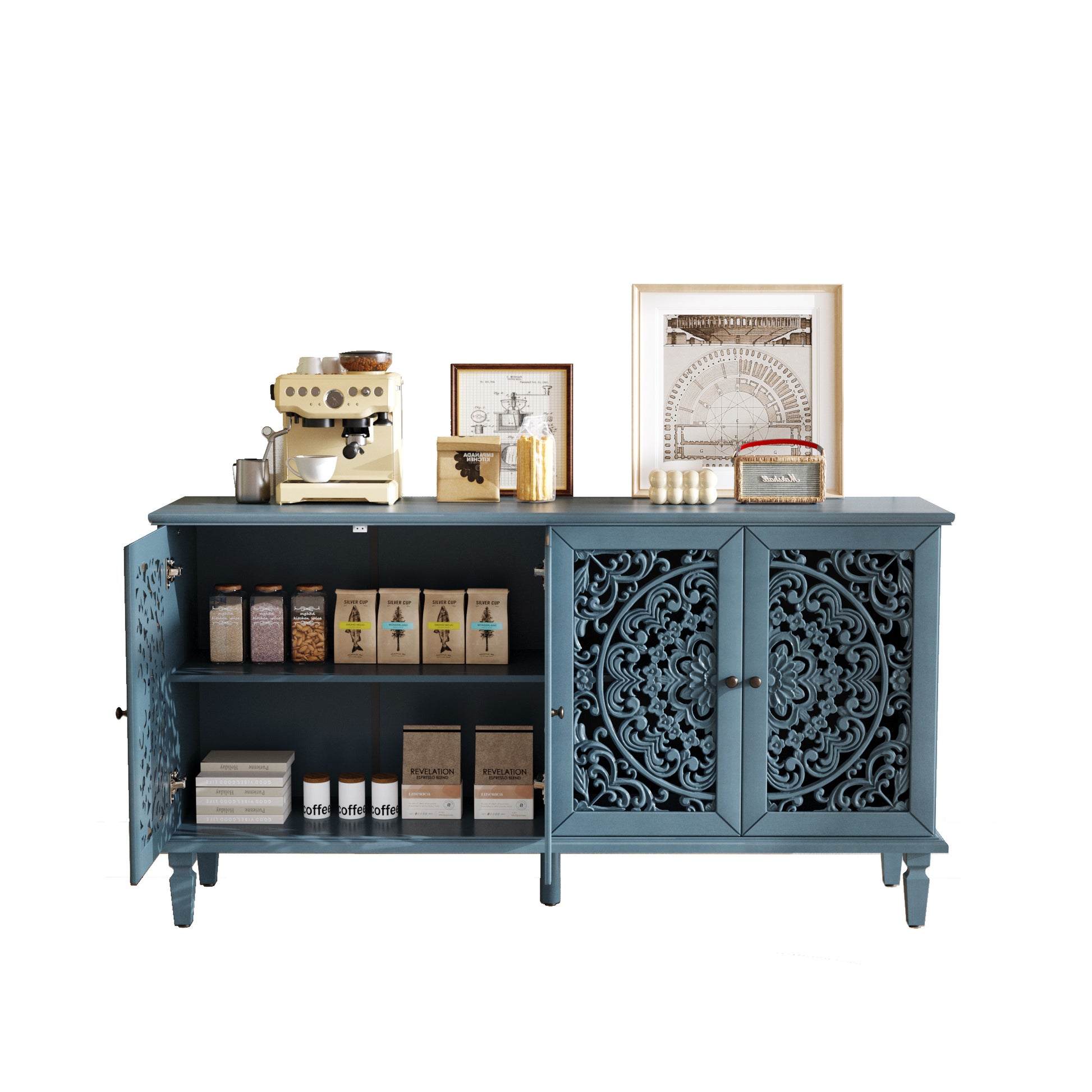Antique Blue Buffet Cabinet - 65" TV Stand Storage