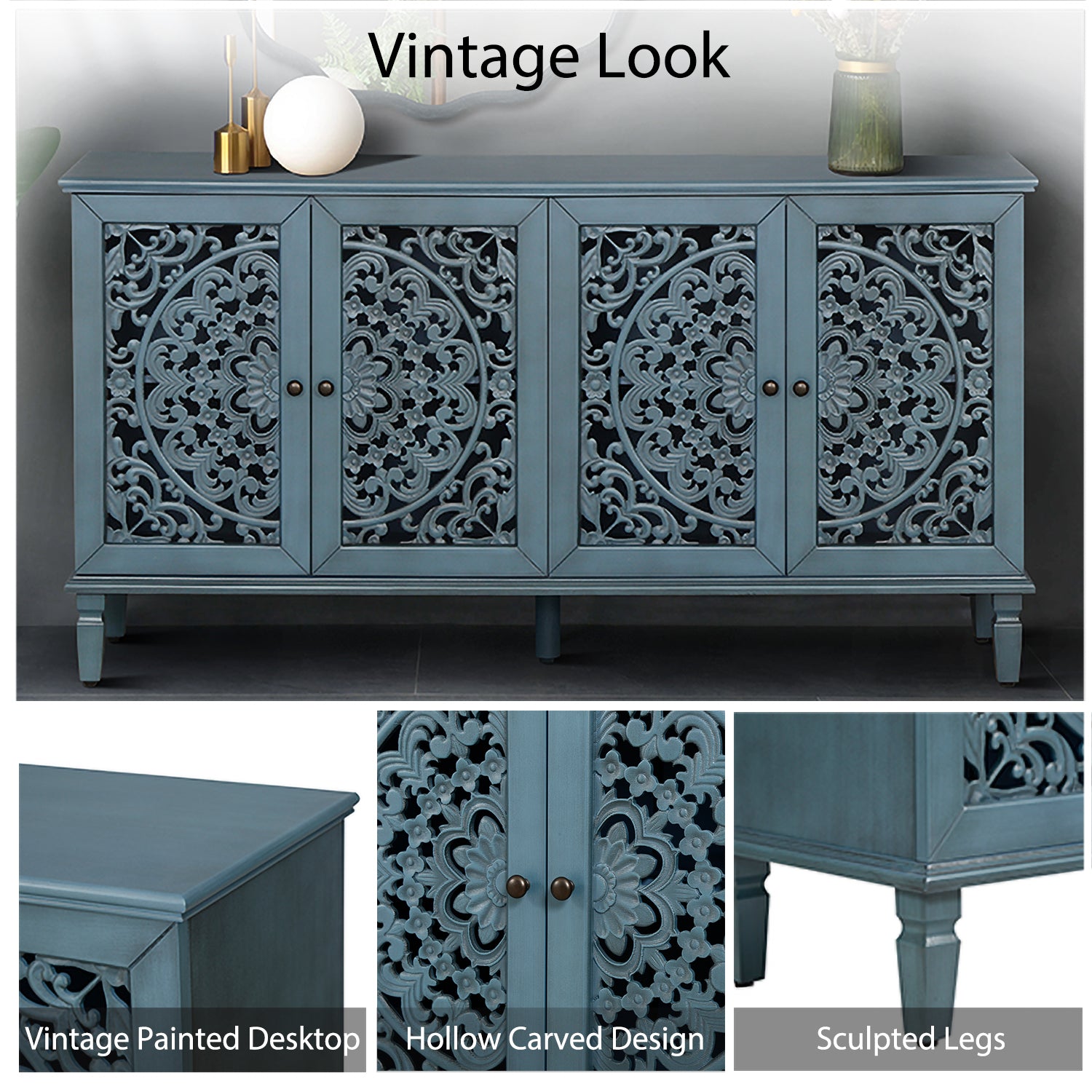 Antique Blue Buffet Cabinet - 65" TV Stand Storage