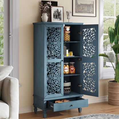 Rustic 55'' Tall Storage Cabinet with Drawer, Decorative 2-Door Carved Wood Accent Cabinet with Solid Wood Legs for Living Room, Hallway, Dining Room, Antique Blue