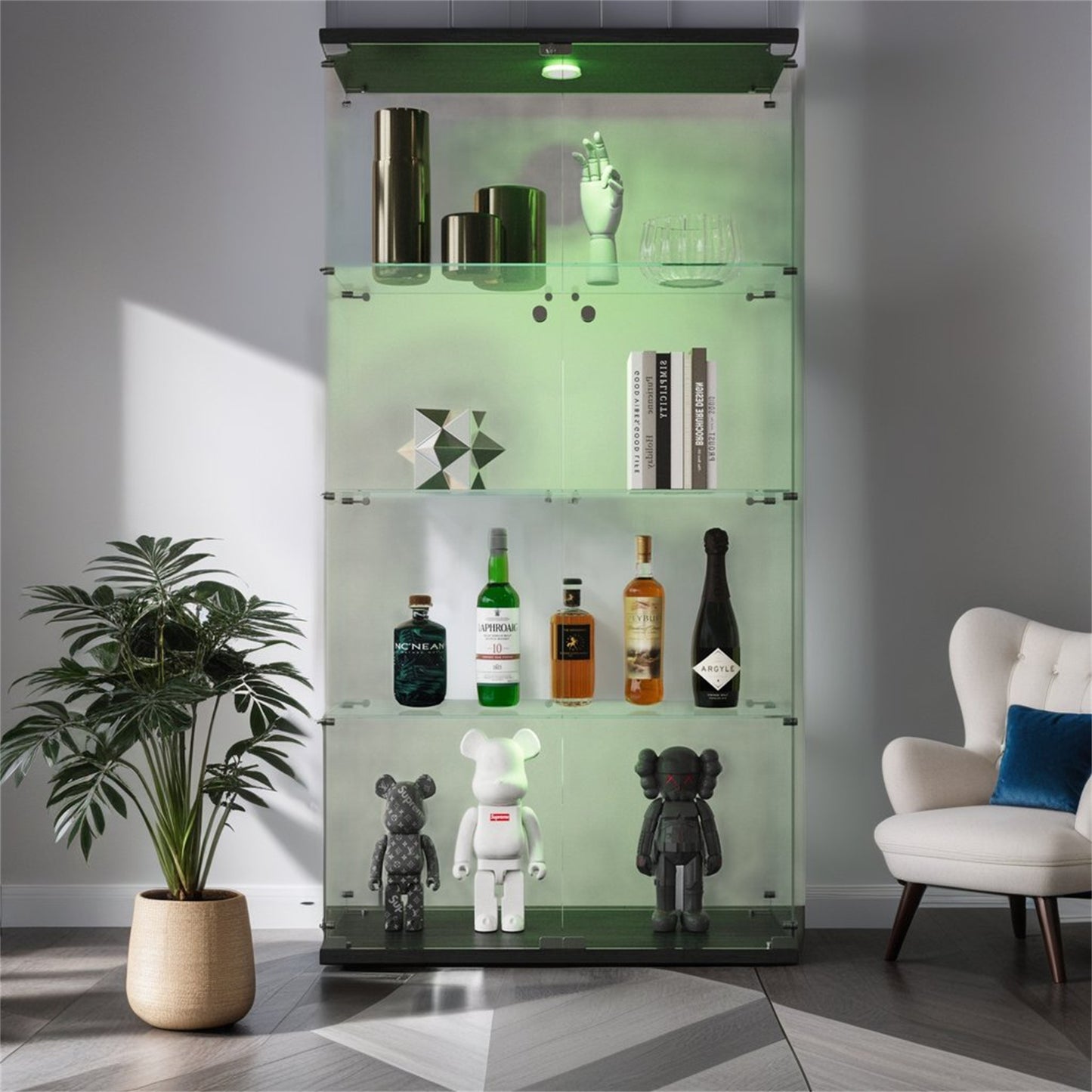 Black Glass Display Cabinet - 4 Shelves, Lights Included
