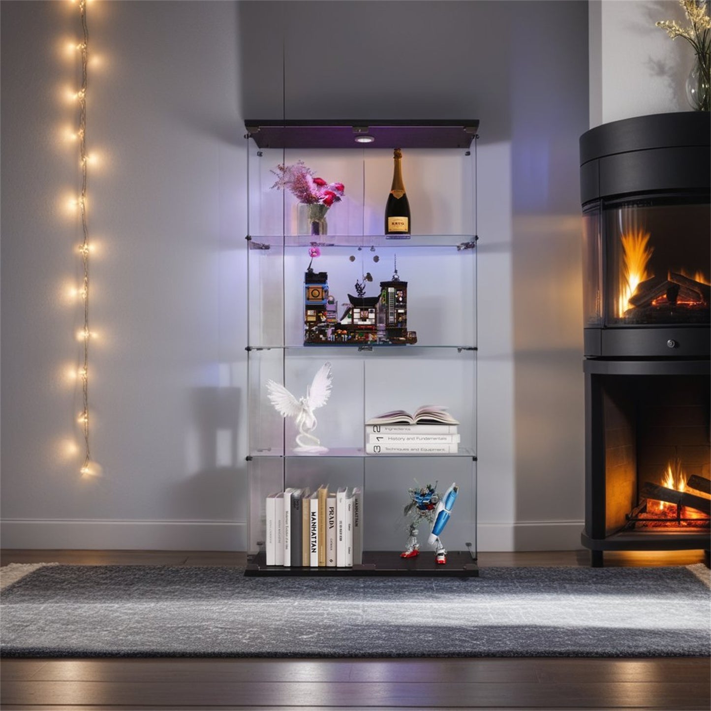 Black Glass Display Cabinet - 4 Shelves, Lights Included