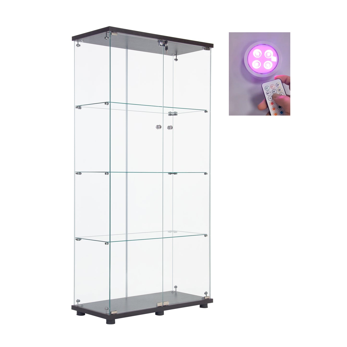 Black Glass Display Cabinet - 4 Shelves, Lights Included