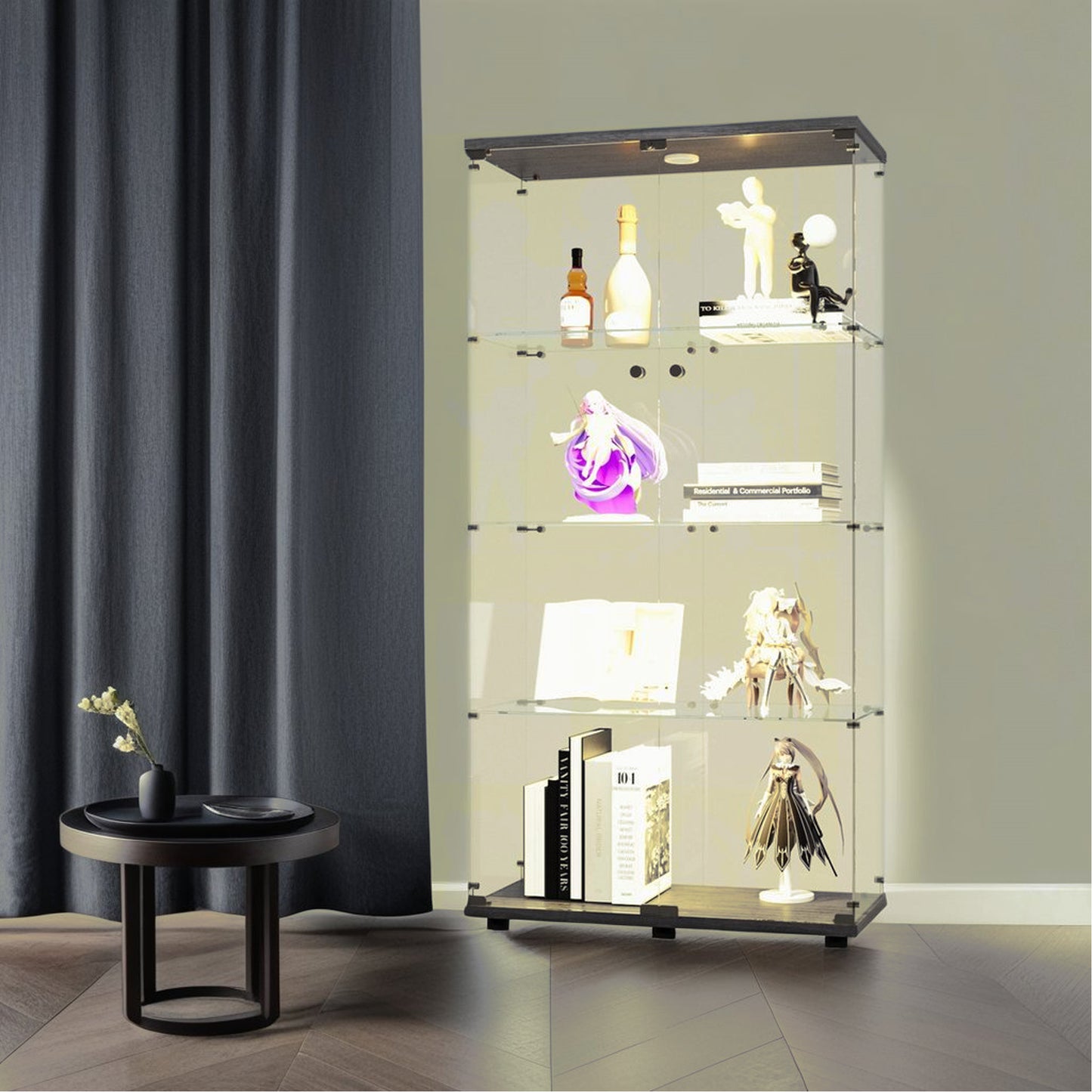 Black Glass Display Cabinet - 4 Shelves, Lights Included