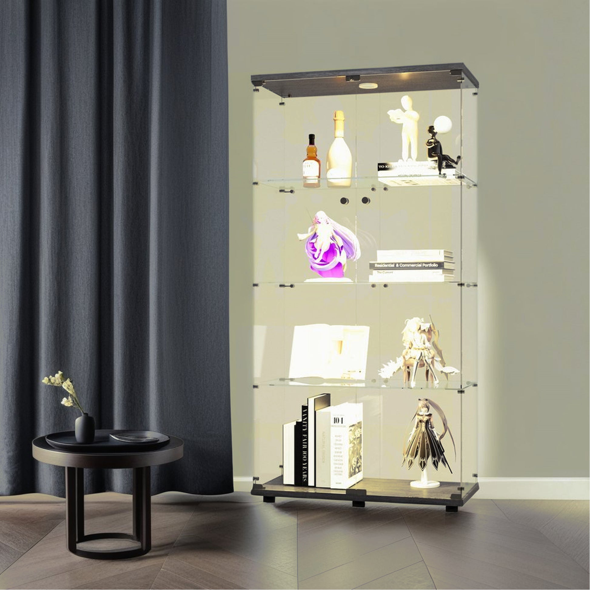 Black Glass Display Cabinet - 4 Shelves, Lights Included