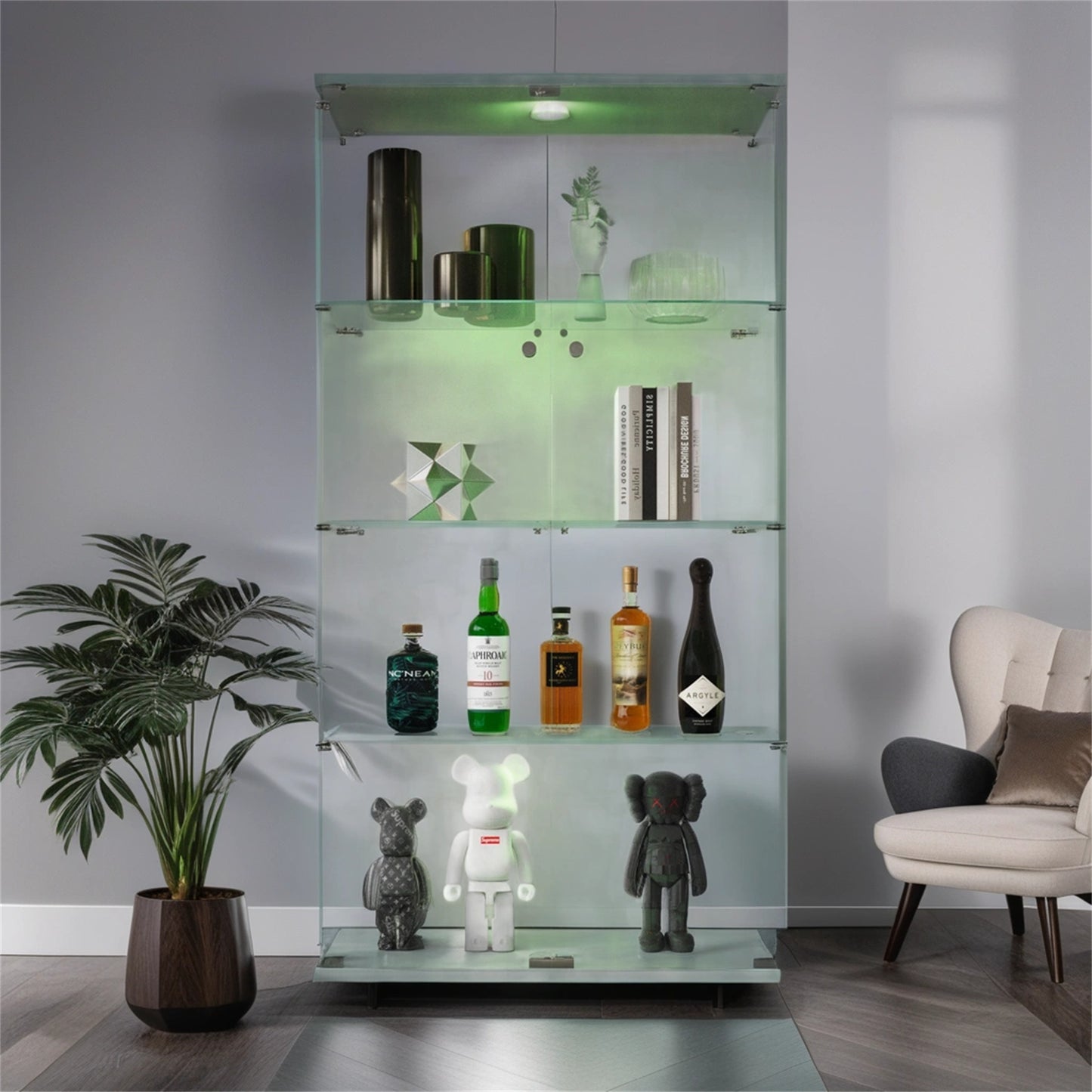 Tall White Glass Display Cabinet 4 Shelves