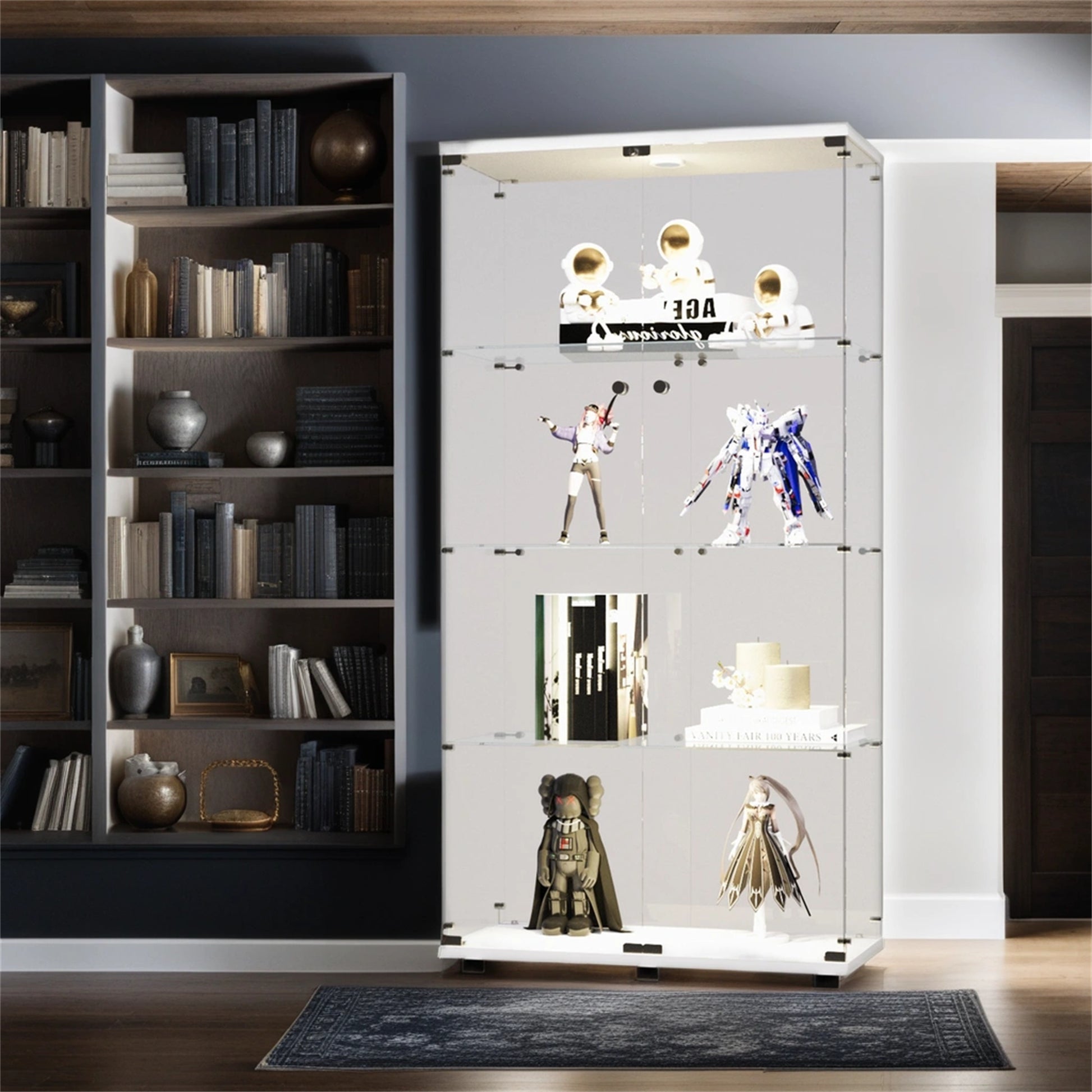 Tall White Glass Display Cabinet 4 Shelves