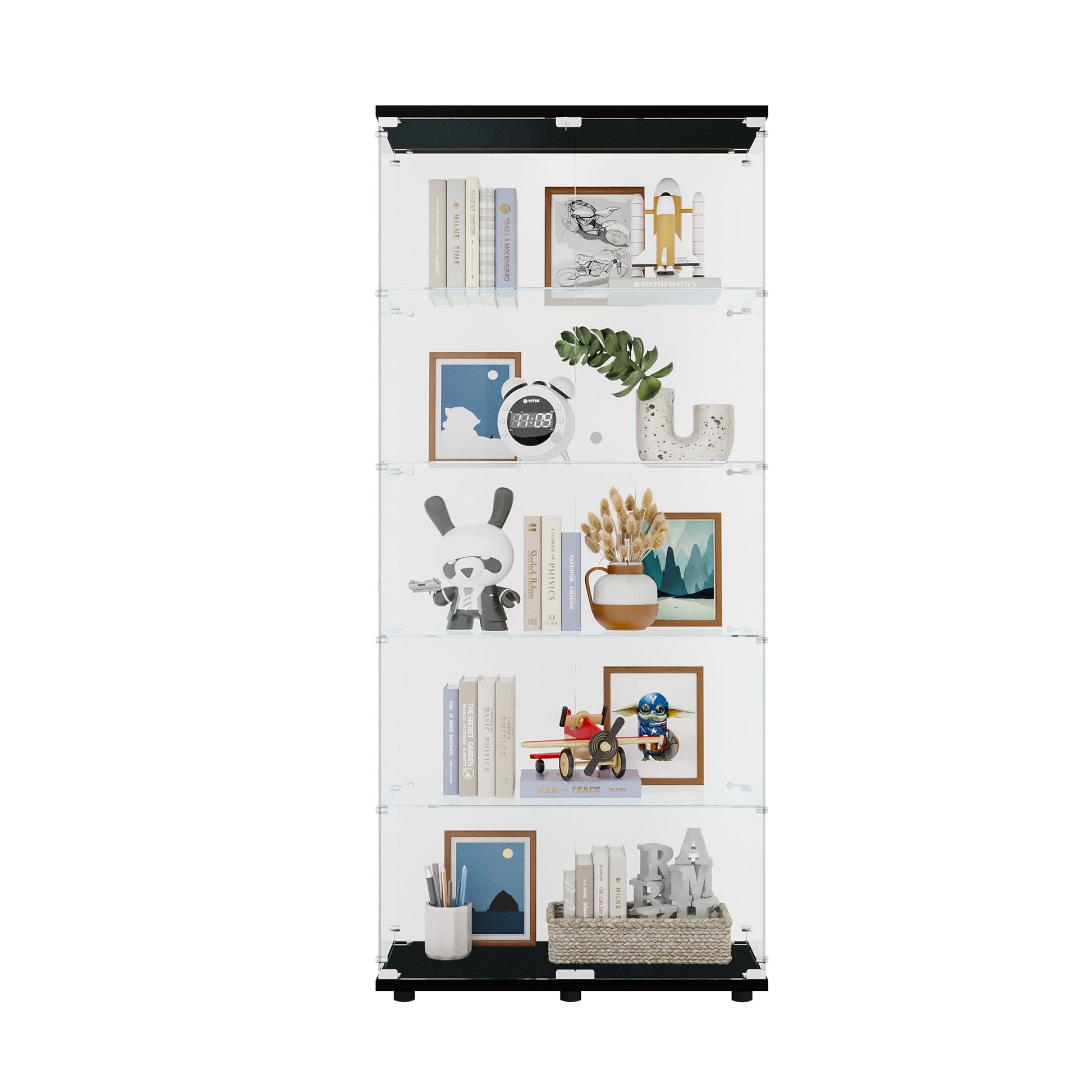 Two Door Glass Cabinet Glass Display Cabinet with 5 Shelves, Black