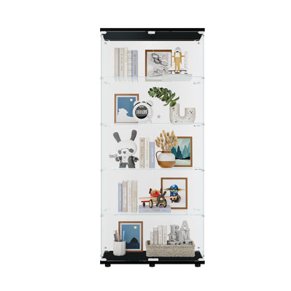 Two Door Glass Cabinet Glass Display Cabinet with 5 Shelves, Black