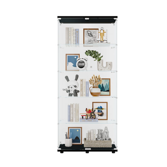 Two Door Glass Cabinet Glass Display Cabinet with 5 Shelves, Black