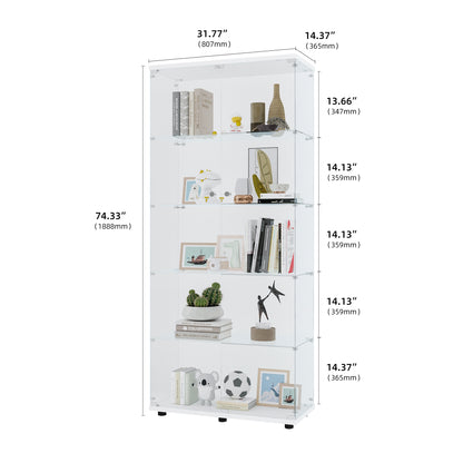 5-Shelf Glass Display Cabinet - White - 74.3" Tall for Living Room