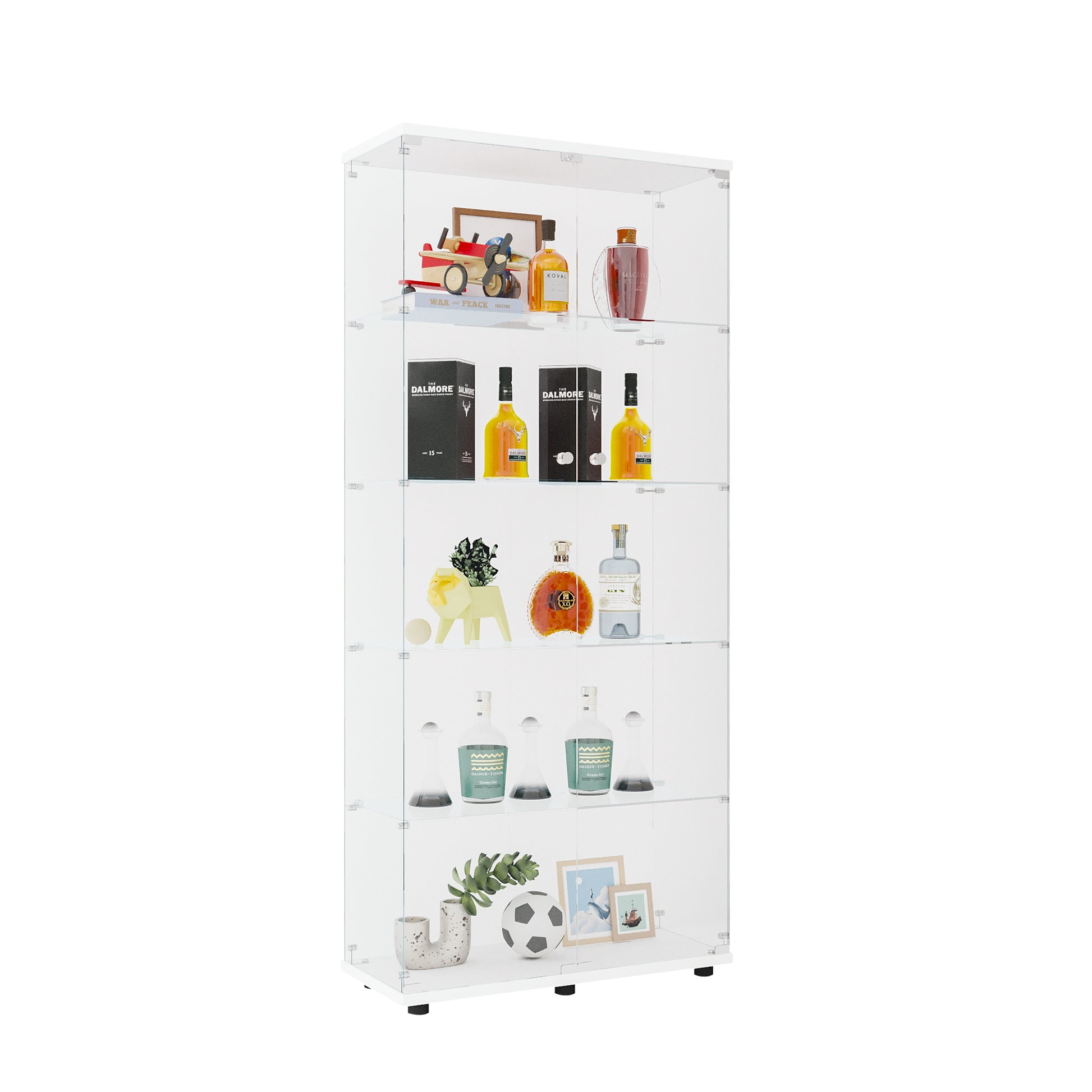 5-Shelf Glass Display Cabinet - White - 74.3" Tall for Living Room