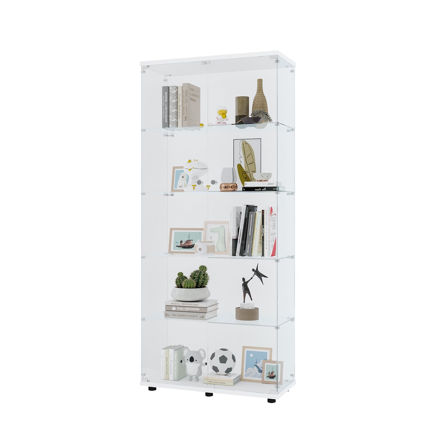 5-Shelf Glass Display Cabinet - White - 74.3" Tall for Living Room