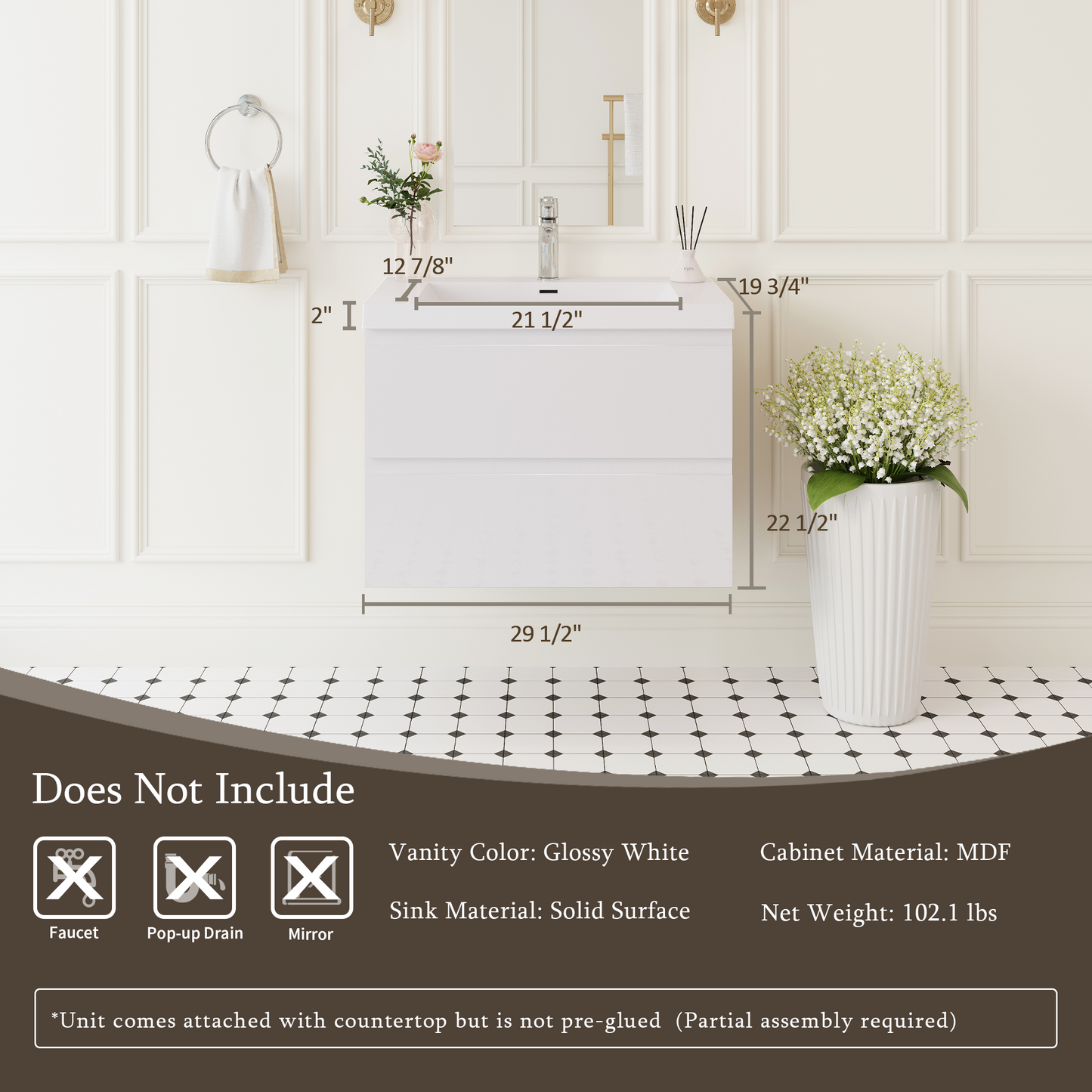 White Wood Bathroom Vanity - Wall Mounted Storage