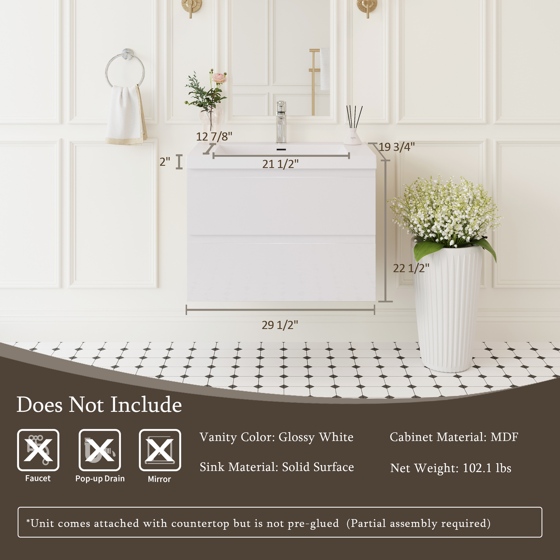 White Wood Bathroom Vanity - Wall Mounted Storage