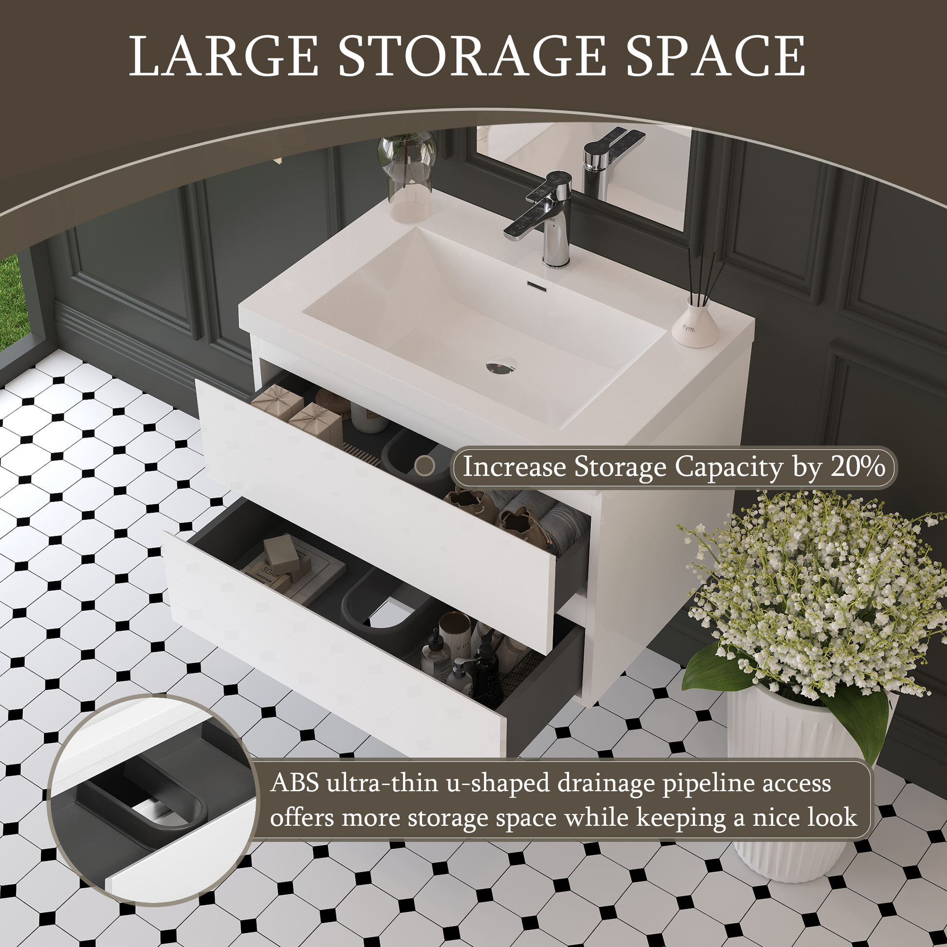 White Wood Bathroom Vanity - Wall Mounted Storage