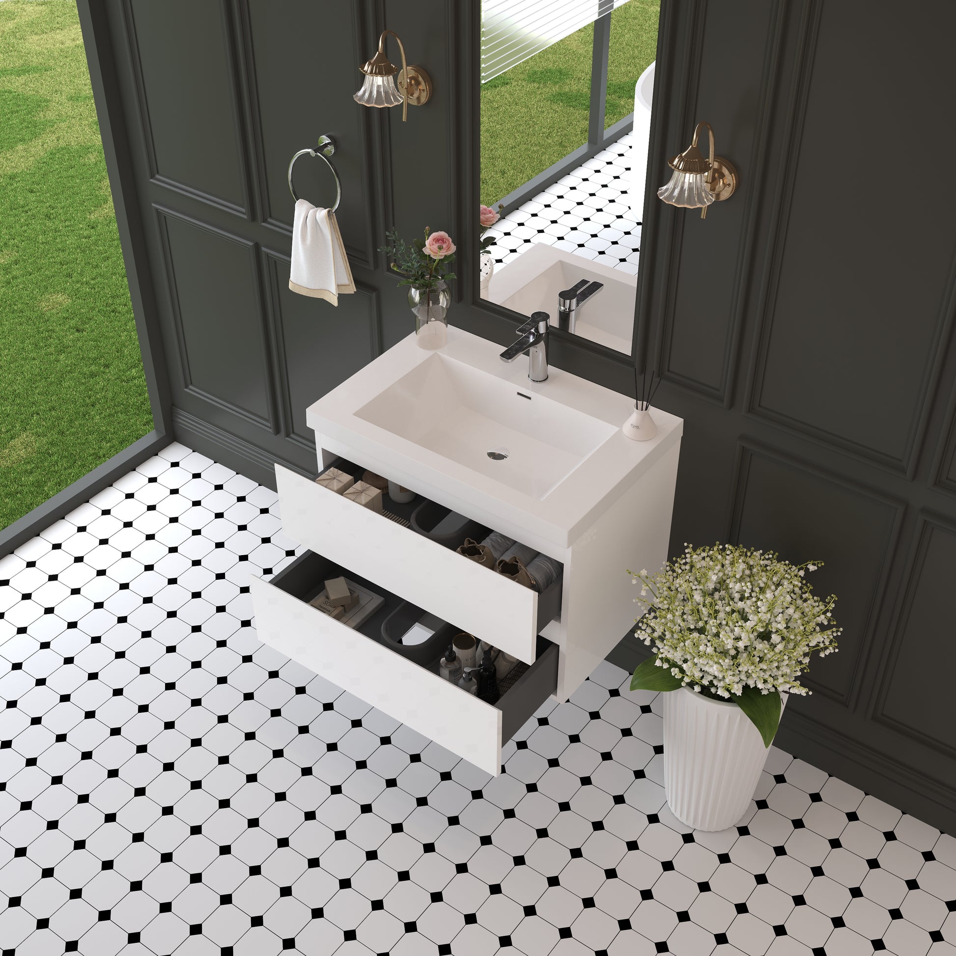 White Wood Bathroom Vanity - Wall Mounted Storage