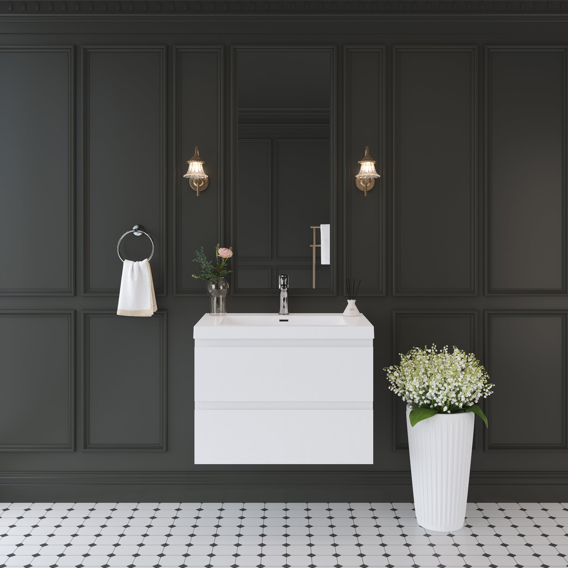30" Floating Bathroom Vanity with Sink, Wall-Mounted Storage Cabinet with Solid Surface Top Basin and Soft Close Drawers Fully Assembled, Glossy White 24V11-30GW-W1920P385479