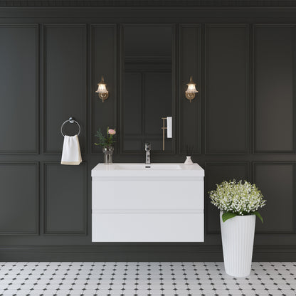 36" Floating Bathroom Vanity with Sink, Wall-Mounted Storage Cabinet with Solid Surface Top Basin and Soft Close Drawers Fully Assembled, Glossy White 24V11-36GW-W1920P385484