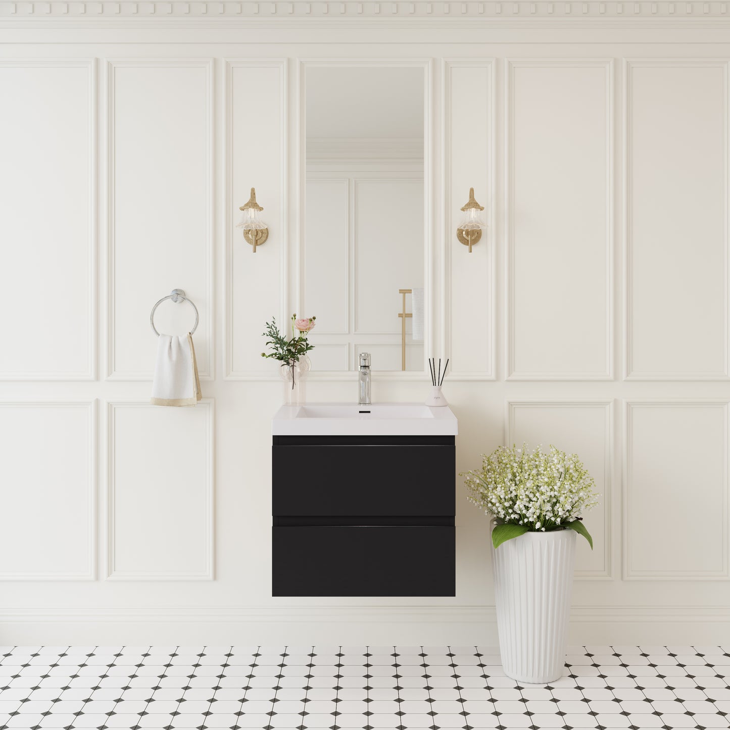 24" Floating Bathroom Vanity with Sink, Wall-Mounted Bathroom Storage Cabinet with Solid Surface Top Basin and Soft Close Drawers Fully Assembled, Glossy Black 24V11-24GB-W1920P385471