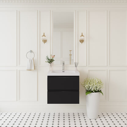 24" Floating Bathroom Vanity with Sink, Wall-Mounted Bathroom Storage Cabinet with Solid Surface Top Basin and Soft Close Drawers Fully Assembled, Glossy Black 24V11-24GB-W1920P385471
