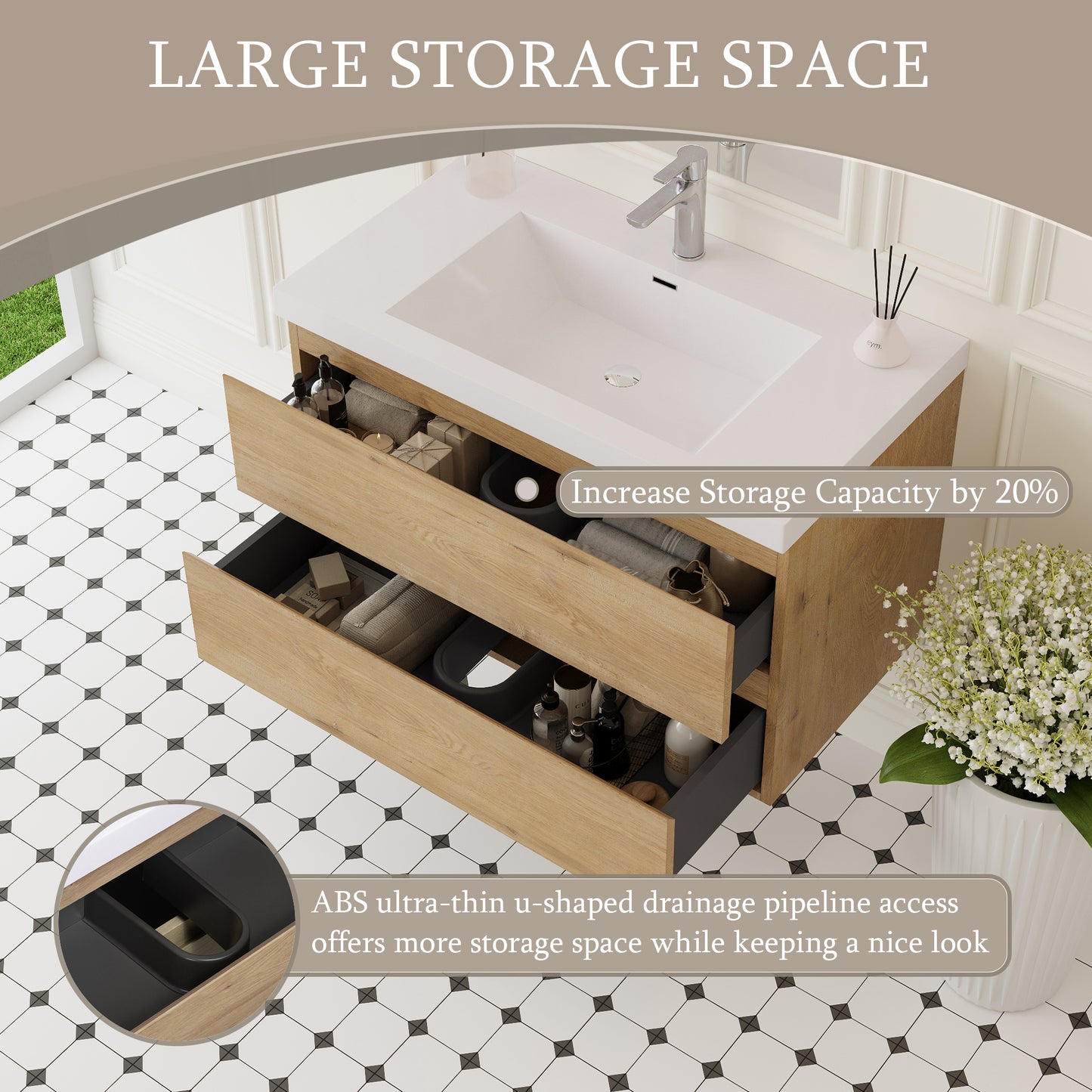 Oak Bathroom Vanity with Sink - Wall Mounted Storage