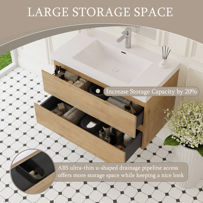 Oak Bathroom Vanity with Sink - Wall Mounted Storage