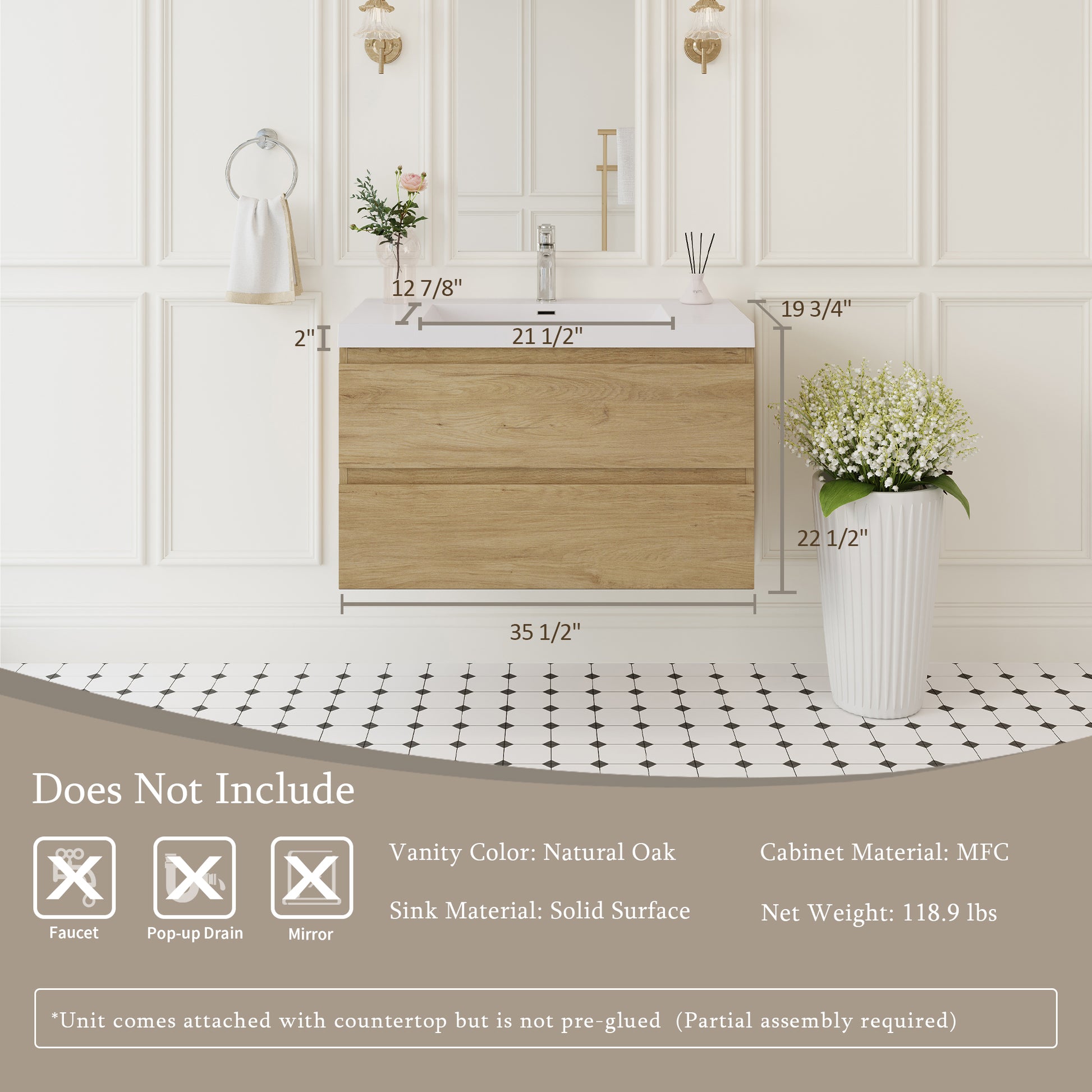 Oak Bathroom Vanity with Sink - Wall Mounted Storage