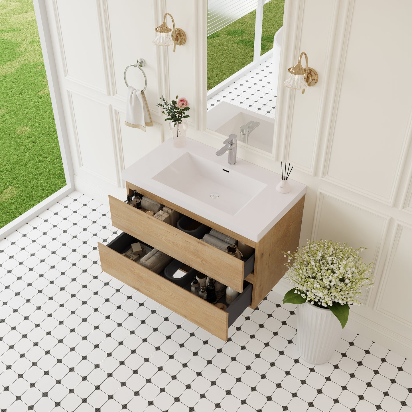 Oak Bathroom Vanity with Sink - Wall Mounted Storage