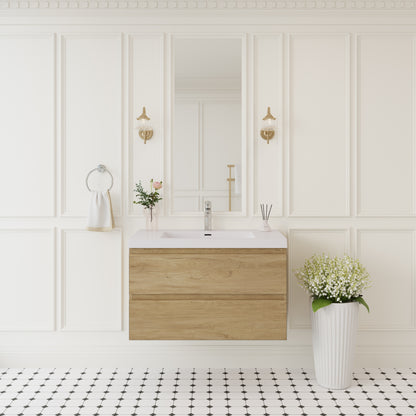 36" Floating Bathroom Vanity with Sink, Wall-Mounted Storage Cabinet with Solid Surface Top Basin and Soft Close Drawers Fully Assembled, Natural Oak 24V11-36NO-W1920P385481