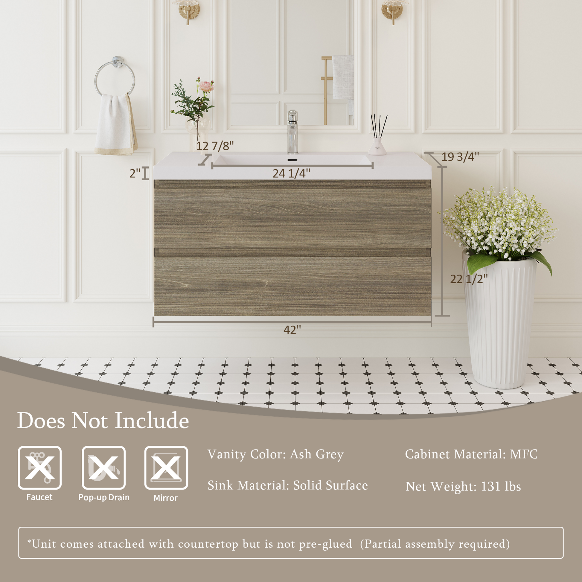 Grey Wood Wall-Mounted Bathroom Vanity for Modern Renovation