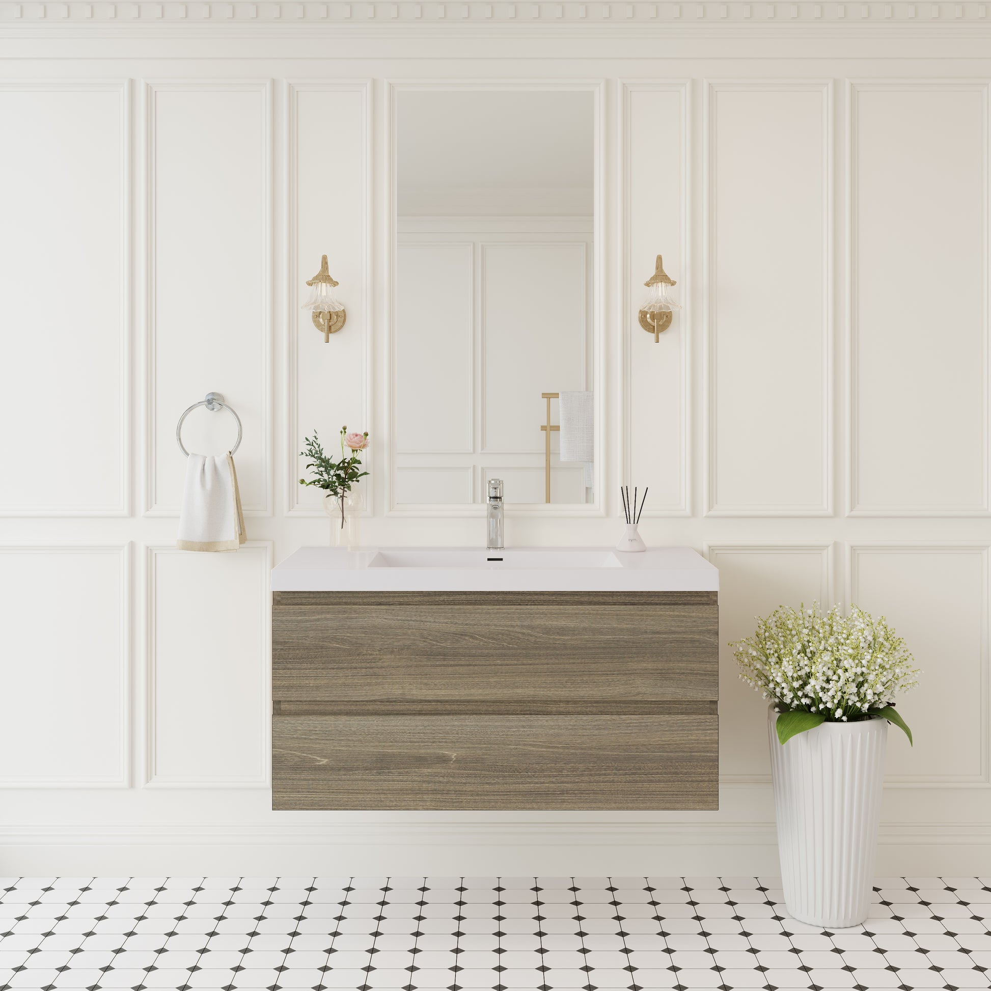 42" Floating Bathroom Vanity with Sink, Wall-Mounted Storage Cabinet with Solid Surface Top Basin and Soft Close Drawers Fully Assembled, Ash Grey 24V11-42AG-W1920P385485
