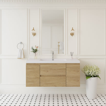 48" Floating Bathroom Vanity with Sink, Wall-Mounted Storage Cabinet with Solid Surface Top Basin and Soft Close Drawers Fully Assembled, Natural Oak 24V11-48NO-W1920P385490