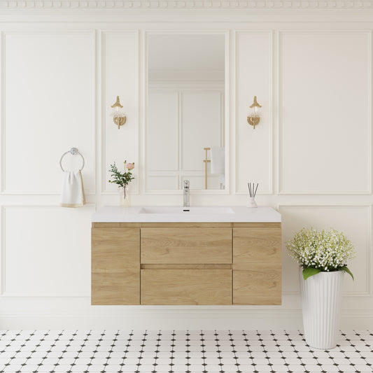 48" Floating Bathroom Vanity with Sink, Wall-Mounted Storage Cabinet with Solid Surface Top Basin and Soft Close Drawers Fully Assembled, Natural Oak 24V11-48NO-W1920P385490