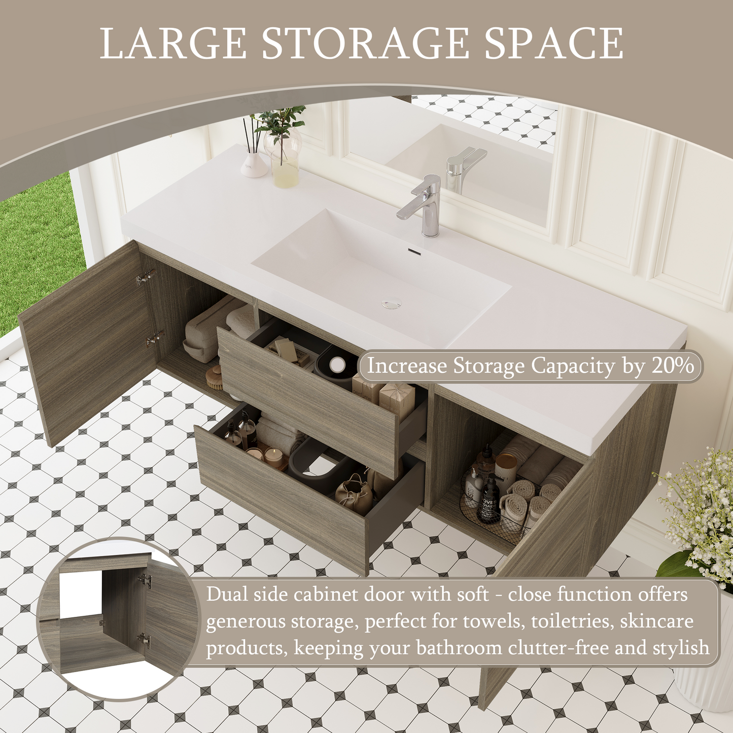 60" Grey Floating Bathroom Vanity with Sink - Wall Mounted Storage