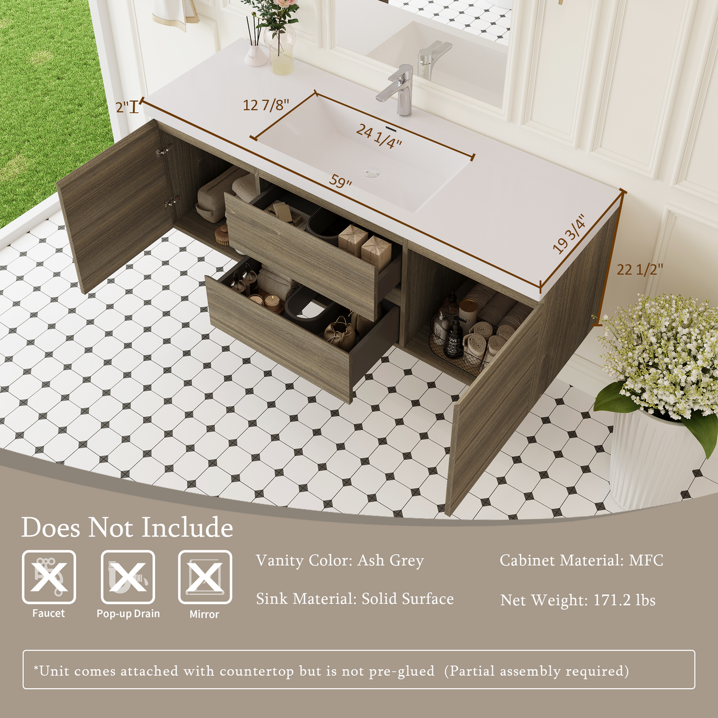 60" Grey Floating Bathroom Vanity with Sink - Wall Mounted Storage