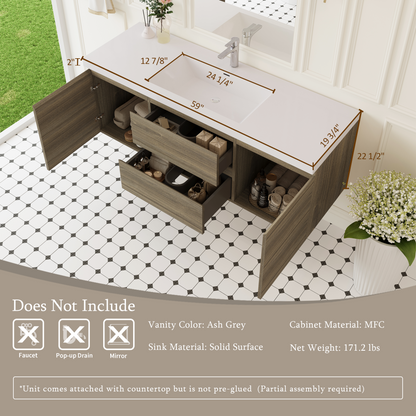 60" Grey Floating Bathroom Vanity with Sink - Wall Mounted Storage
