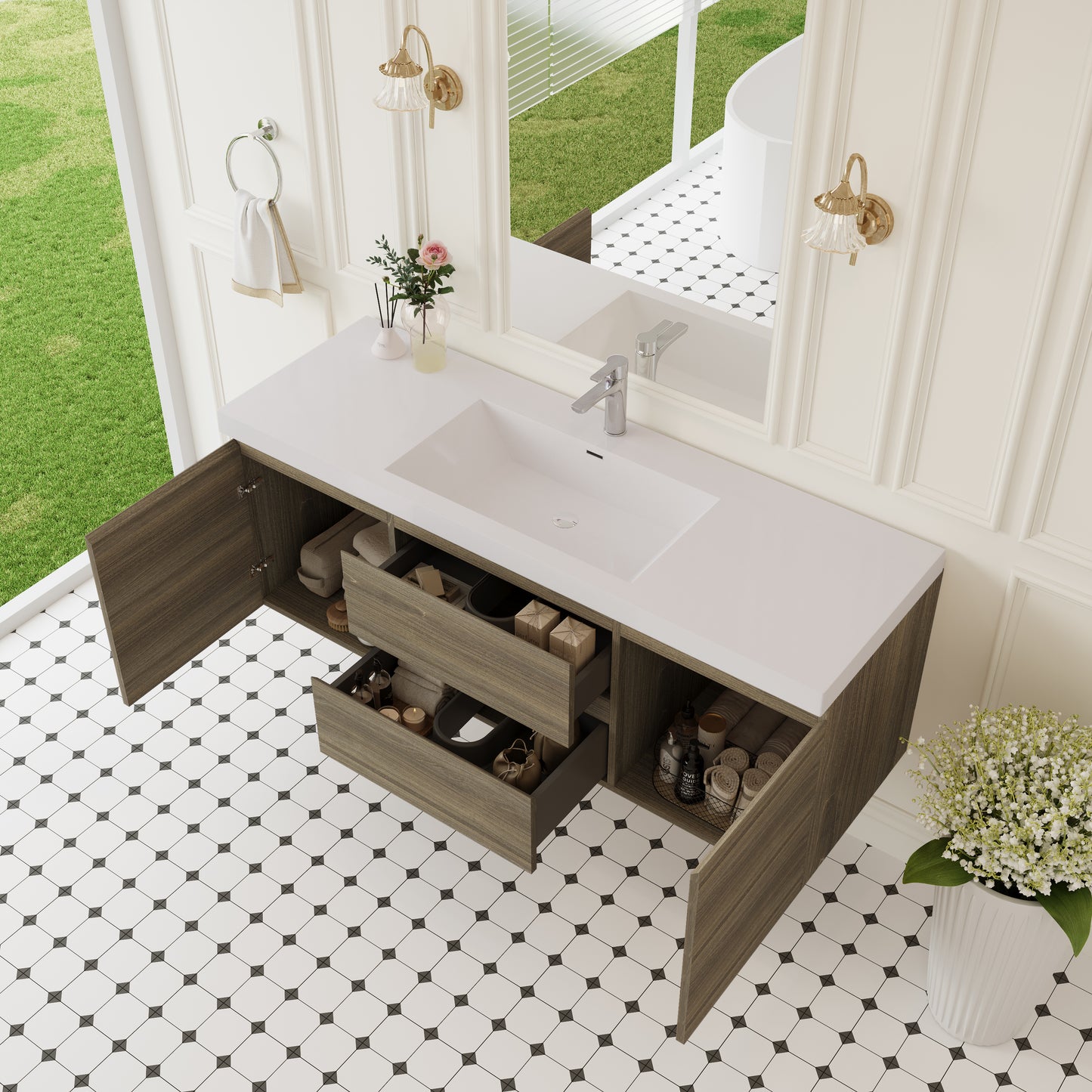 60" Grey Floating Bathroom Vanity with Sink - Wall Mounted Storage