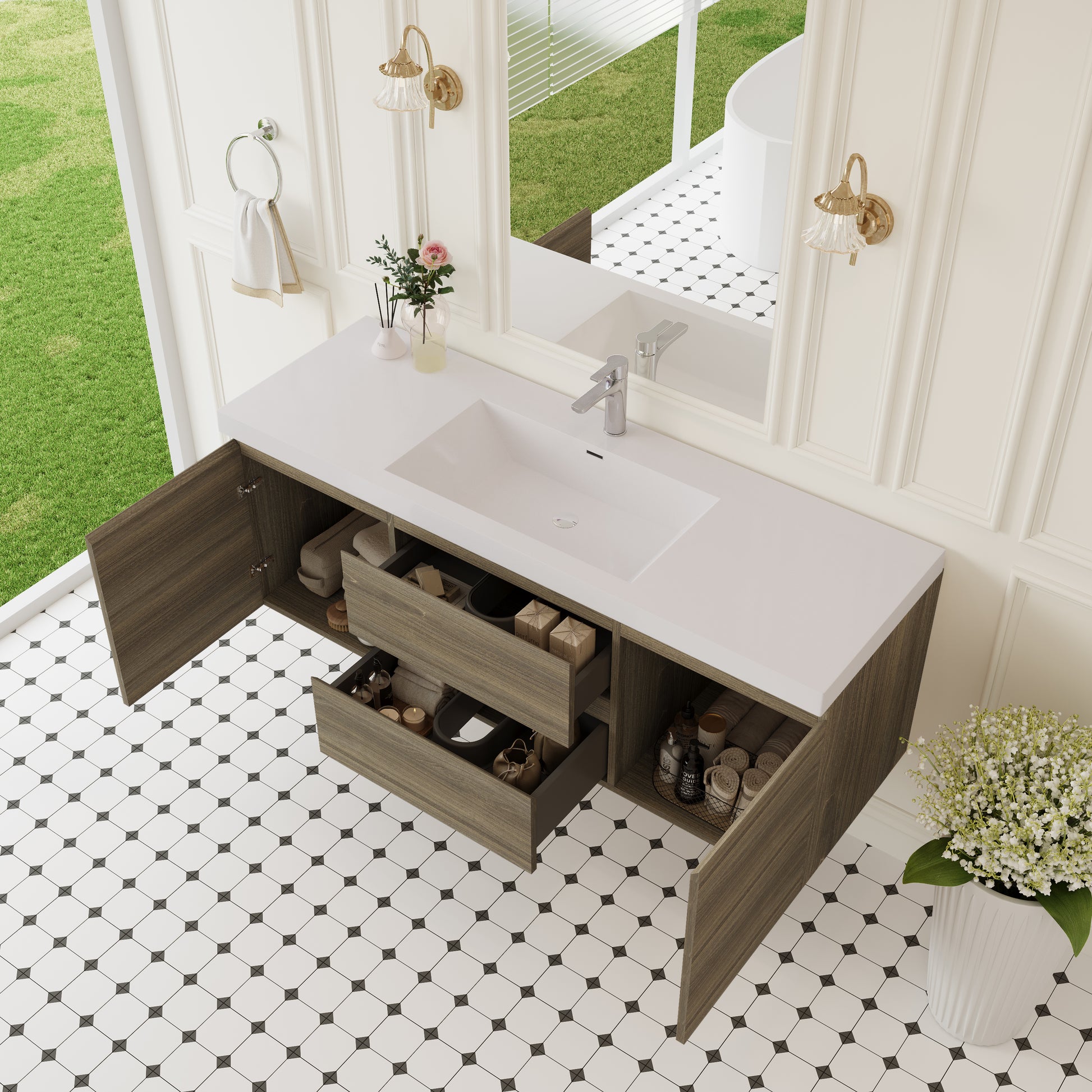 60" Grey Floating Bathroom Vanity with Sink - Wall Mounted Storage